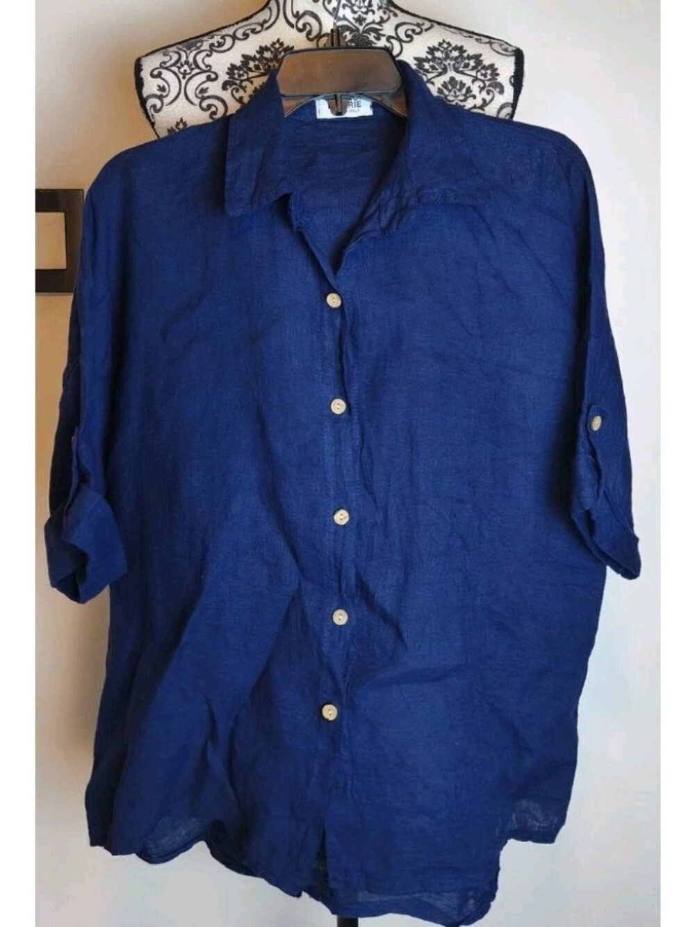 Merci Marie Italian Linen Blouse Women S Navy Blue Lagenlook Made in Italy Top